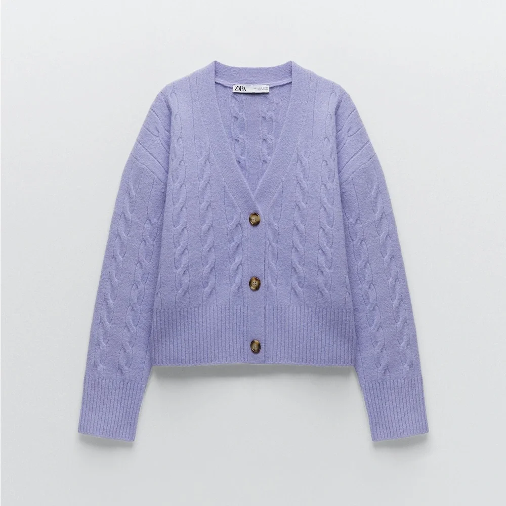 Zara Lavender Cable Knit Cardigan Cropped Grandpa Sweater Soft Cozy Scandi 6 - Picture 2 of 7